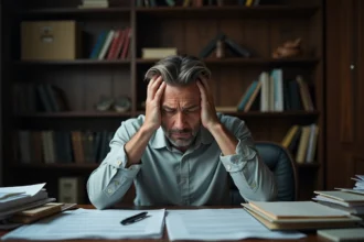 Homme stressé face à des documents juridiques non signés sans l'aide d'un conseiller notarial