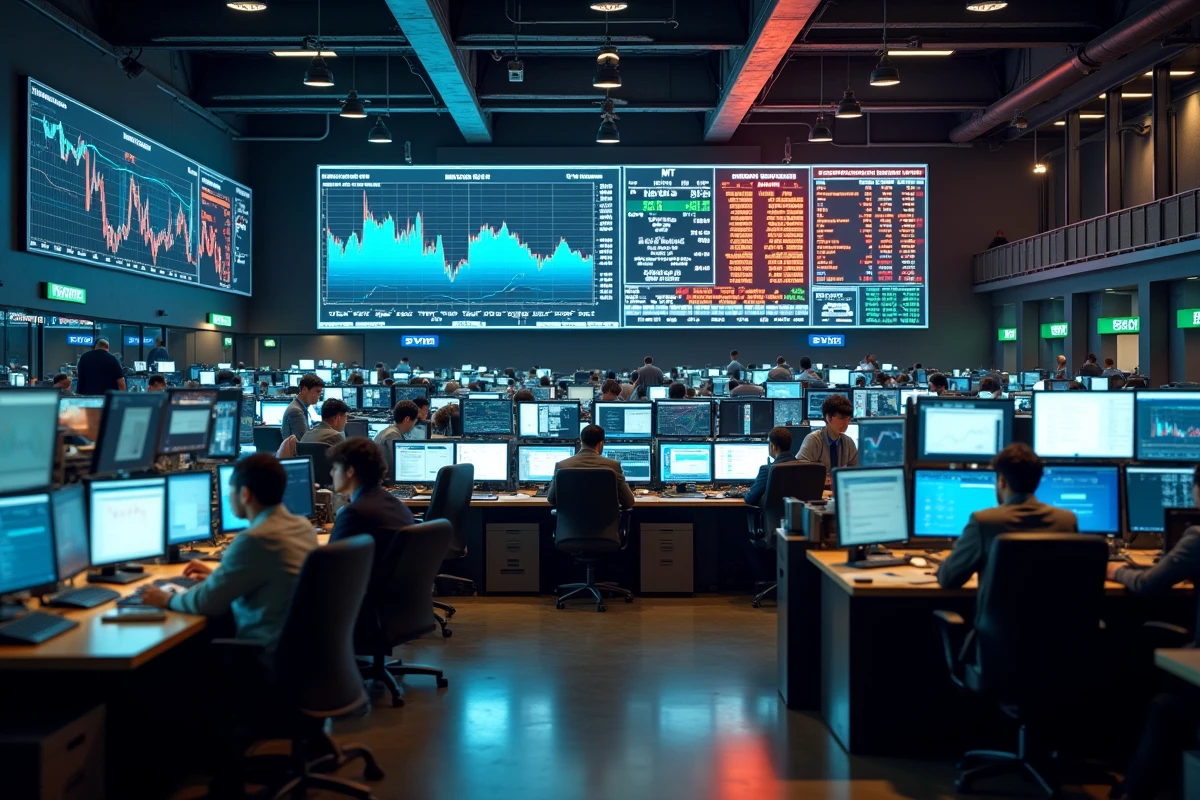 Salle de trading animée avec des écrans affichant la volatilité du titre ArcelorMittal MT en bourse