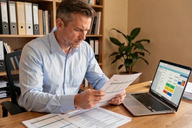 Homme consultant des feuilles de calcul de frais kilométriques sur ordinateur portable dans un bureau à domicile