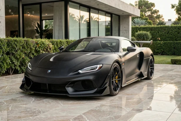 Supercar de luxe noire mate garée devant une villa moderne, illustrant la fortune et le style de vie opulent associés à GMK