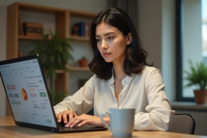 Femme consultant le taux de change EUR/USD sur un ordinateur portable dans un bureau à domicile