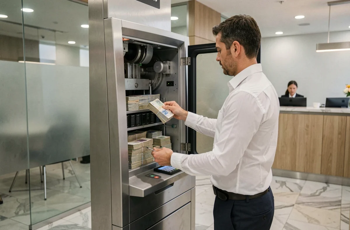 Technicien inspectant un distributeur automatique de billets ouvert dans une agence bancaire moderne