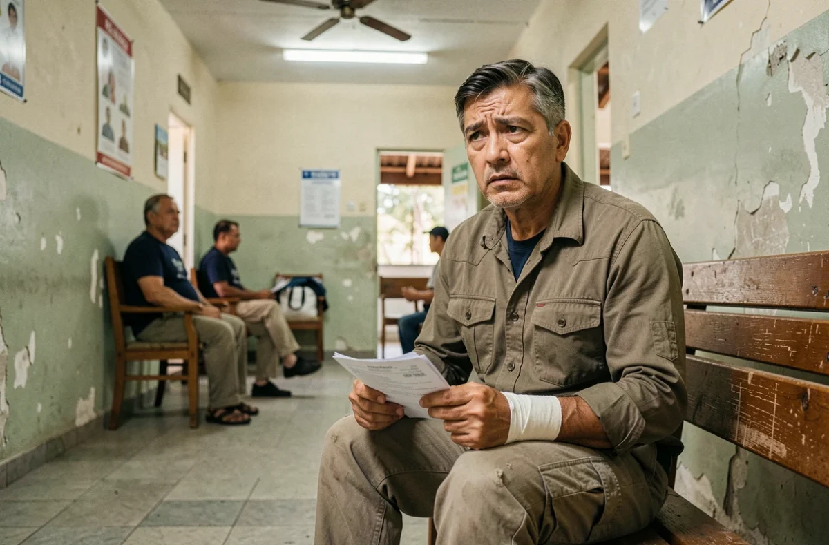 Touriste blessé dans une salle d'attente d'hôpital costaricien tenant des factures médicales élevées sans couverture d'assurance voyage