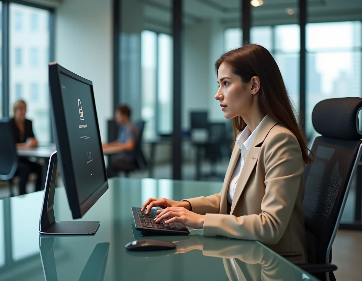 Femme validant une transaction sécurisée en ligne en milieu professionnel avec double authentification bancaire