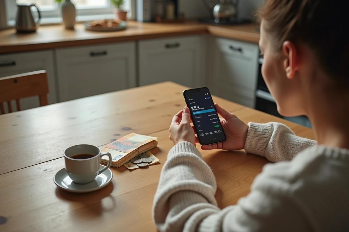 Jeune femme vérifiant le délai de crédit d'un dépôt d'espèces sur l'application de son compte Nickel depuis chez elle