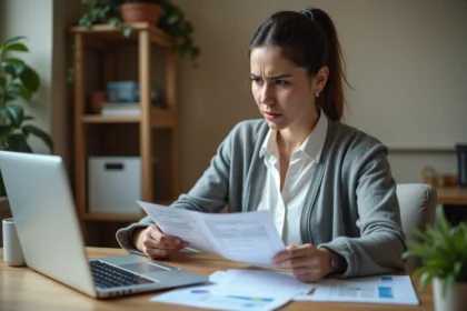 Femme consultant des documents administratifs et relevés bancaires pour vérifier un versement partiel de France Travail