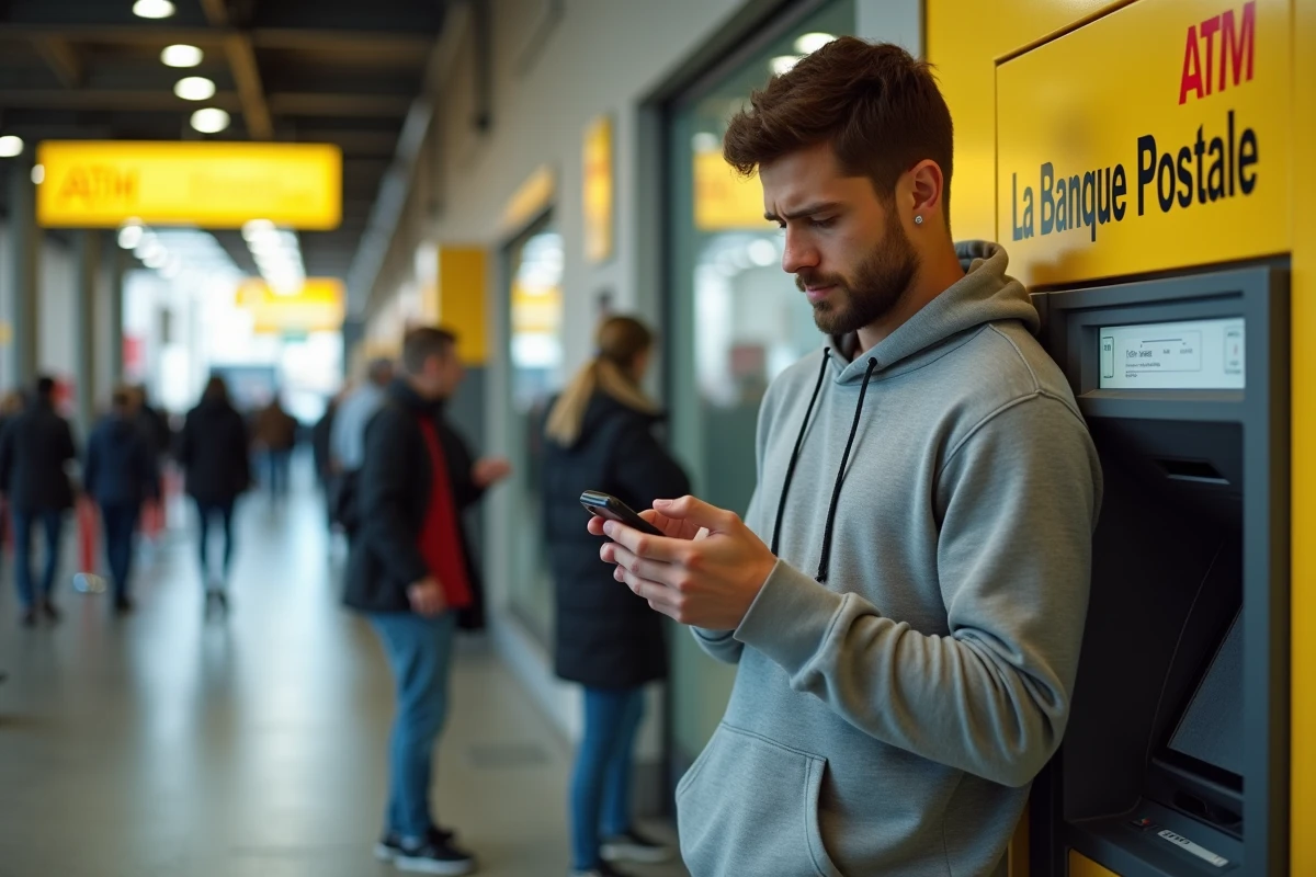 Jeune homme vérifiant une opération en attente sur son téléphone devant un guichet La Banque Postale