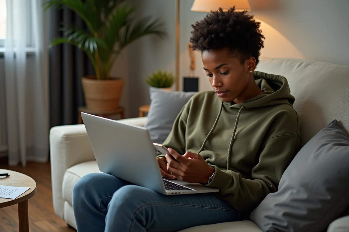Personne vérifiant ses droits et allocations chômage en ligne sur smartphone et ordinateur portable depuis son domicile