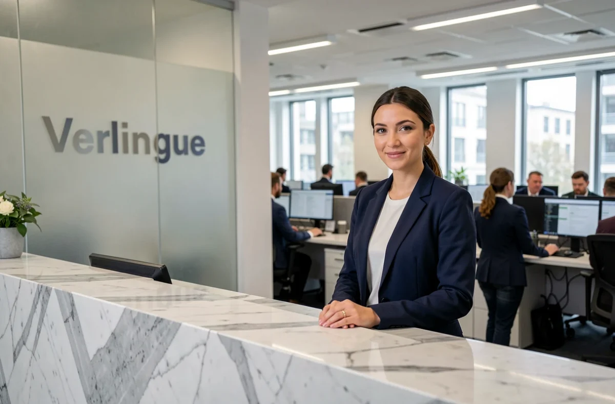 Hall d'accueil moderne du cabinet de courtage Verlingue avec réceptionniste professionnelle en blazer marine