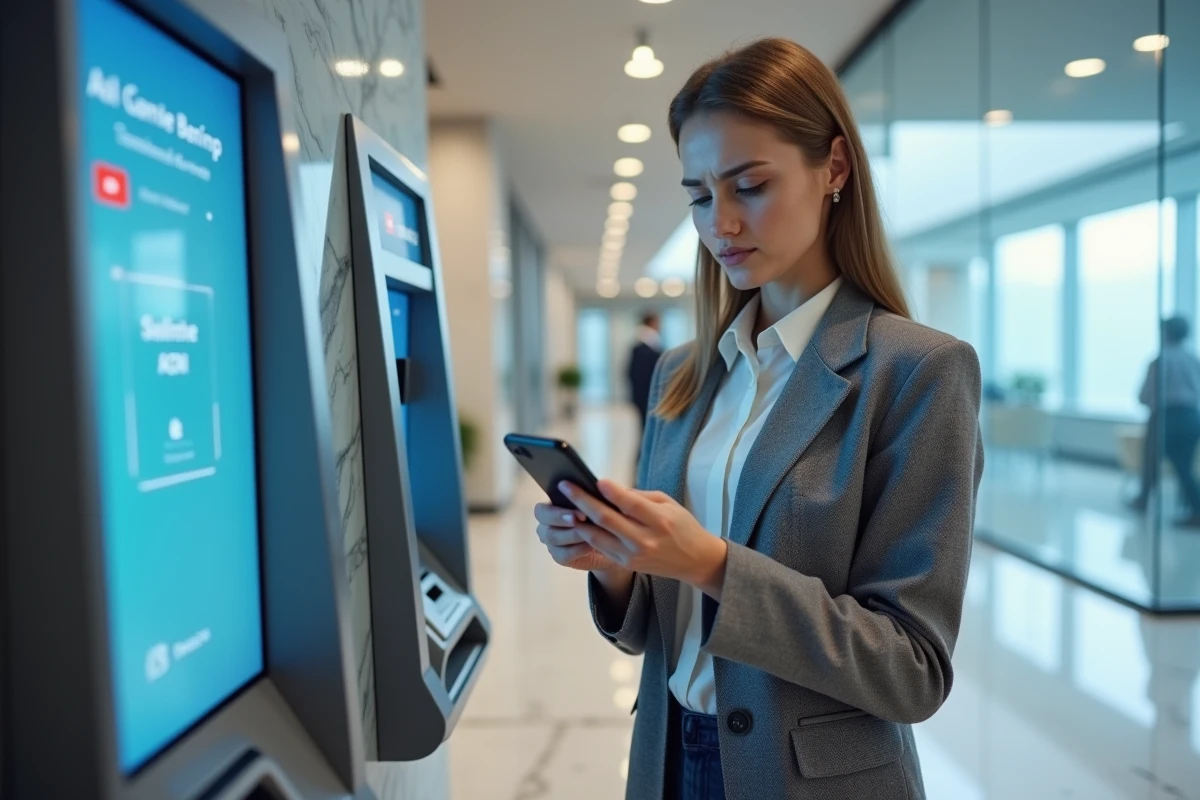 Femme consultant son application bancaire mobile pour un virement instantané dans une agence bancaire moderne