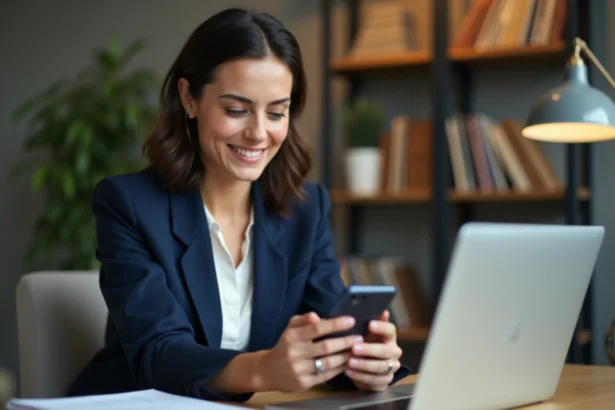 Femme utilisant l'application mobile de La Banque Postale pour effectuer un virement instantané depuis son bureau à domicile