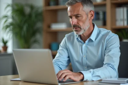Homme effectuant un virement instantané en ligne depuis son bureau à domicile avec un montant élevé affiché à l'écran