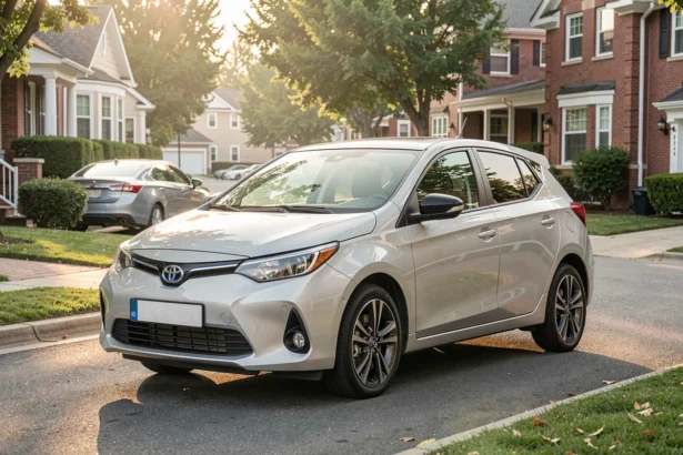 Voiture compacte garée dans une rue résidentielle au petit matin