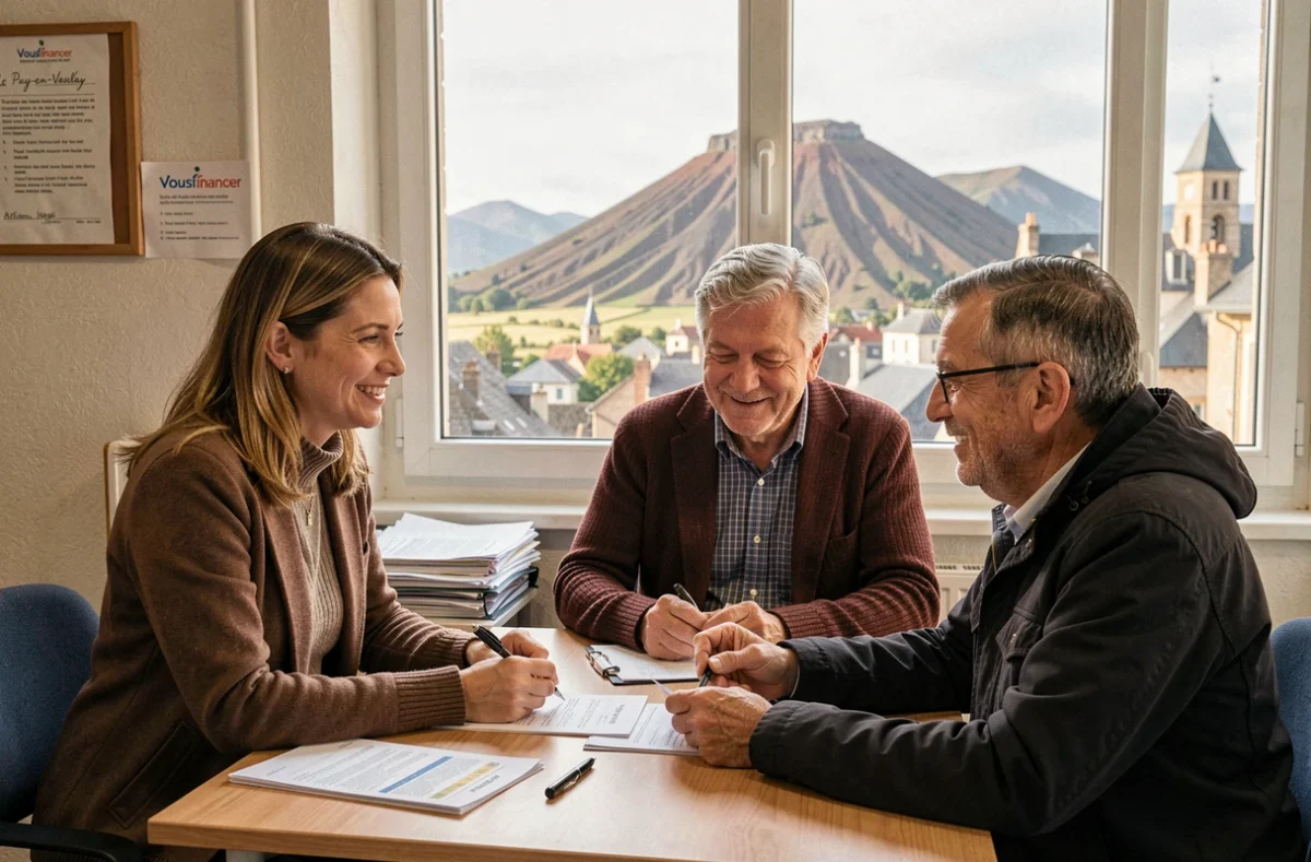 Conseillère Vousfinancer au Puy-en-Velay aidant un couple avec des documents de courtage en assurance de prêt