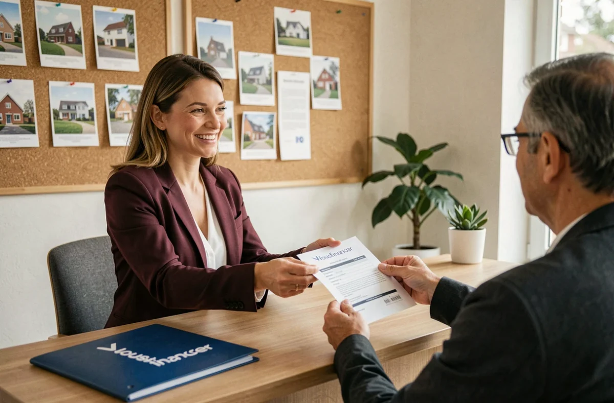 Conseillère Vousfinancer Ozoir-la-Ferrière remettant une offre de prêt immobilier à un client dans l'agence
