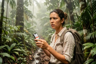 Voyageuse inquiète au Costa Rica consultant son téléphone sur un sentier de jungle en cas d'urgence médicale sans assurance voyage