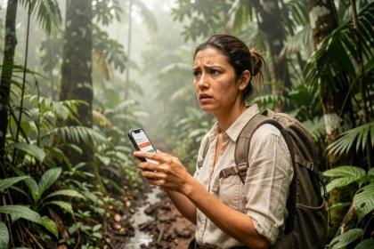 Voyageuse inquiète au Costa Rica consultant son téléphone sur un sentier de jungle en cas d'urgence médicale sans assurance voyage